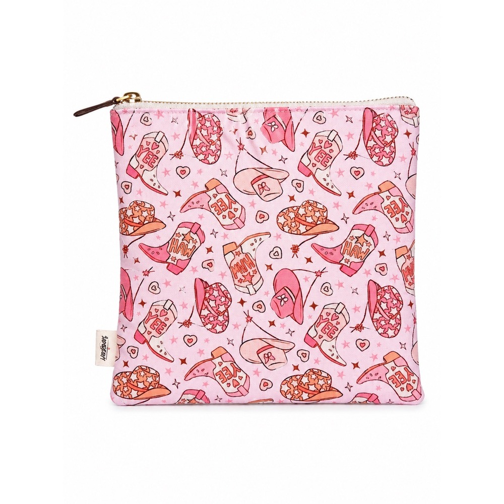 Sandgirl Pink Yeehaw Cowboy Boot Hat Print Zipper Pouch Western Makeup Bag